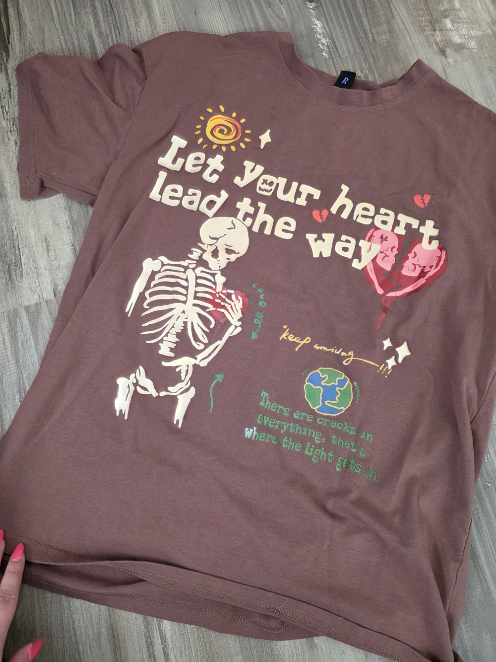 ROMWE Mauve Graphic Skeleton Heart Short Sleeve Tee